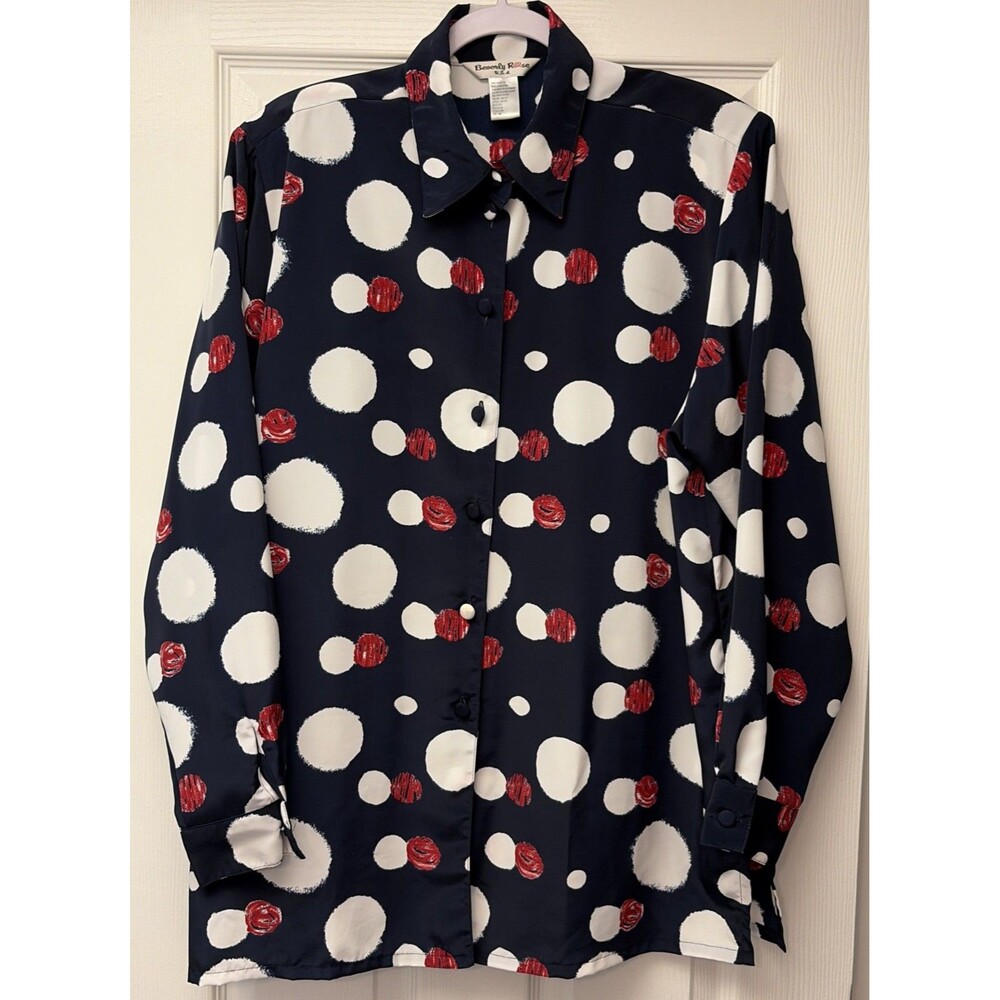 VTG Beverly Rose USA Button Blouse 100% Polyester  Size 2XL Geometric Navy Red